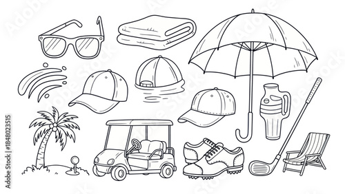 Golfing equipment and accessories outline black and white vector illustration