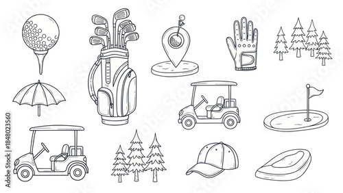 Golfing essentials collection illustrated line art of sport equipment