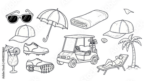 Golfing essentials collection illustrated cart accessories and relaxing scene