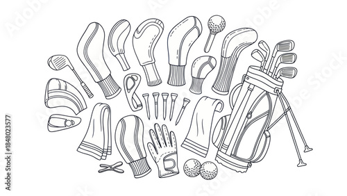 Golf equipment illustration clubs bag balls tees gloves towels and covers