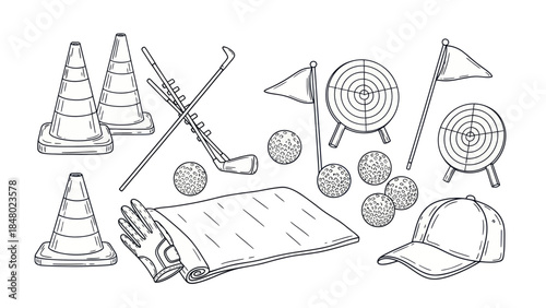 Golf equipment vector illustration set with various items on white background
