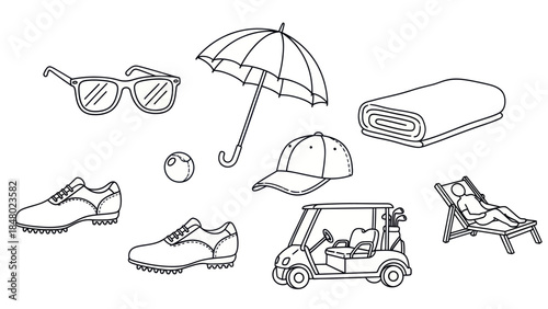 Golfing essentials collection sunglasses umbrella and cart vector illustration
