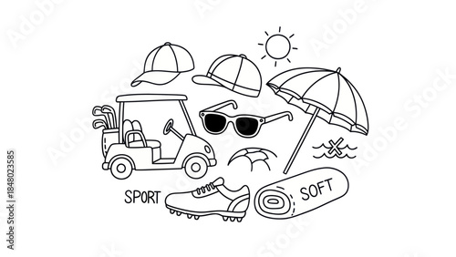 Golfing essentials doodle cart hats sunglasses and umbrella vector illustration