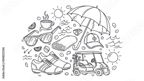 Golfing essentials doodle illustration with sun umbrella and cart