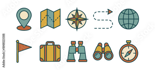 Travel and navigation icons set on black background