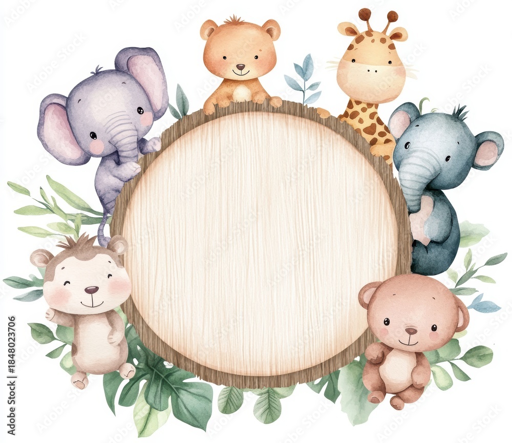 Obraz premium Watercolor Jungle Animals Circular Frame Illustration