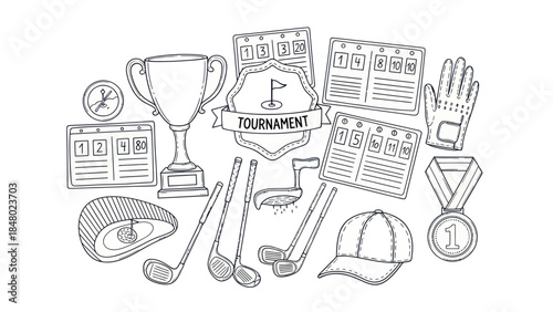 Golf tournament illustration with clubs trophy and accessories on white background
