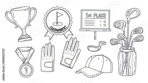Golfing equipment collection trophy medal clubs and accessories vector illustration