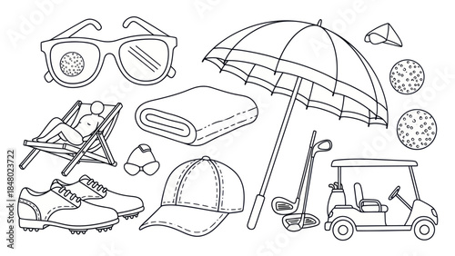 Golfing equipment and leisure items outlined in vector style illustration