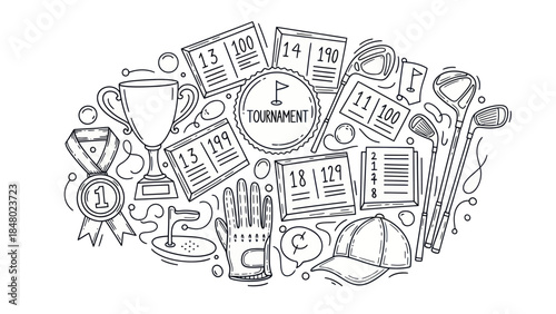 Golf tournament illustration trophy scorecards equipment and accessories
