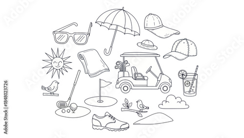 Golfing essentials illustration cart accessories and weather elements