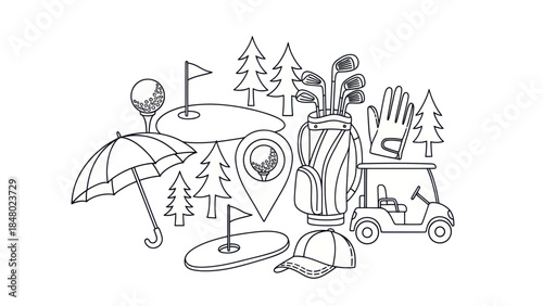 Golfing essentials illustrated vector graphic of sports equipment and elements