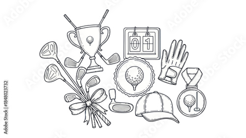 Golfing equipment collection trophy clubs score board ball hat and accessories