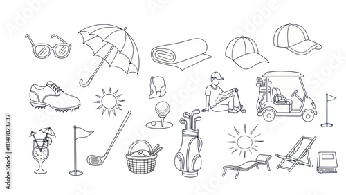 Golfing equipment and leisure items in minimalist line art style