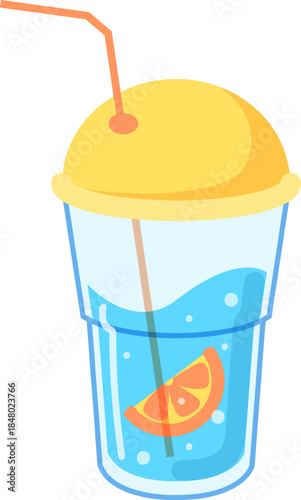 Refreshing orange drink in plastic cup with straw