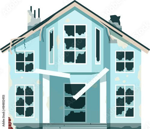 Abandoned house experiencing disrepair and structural damage