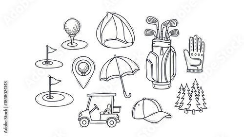 Golfing equipment illustration set in line art style for various uses