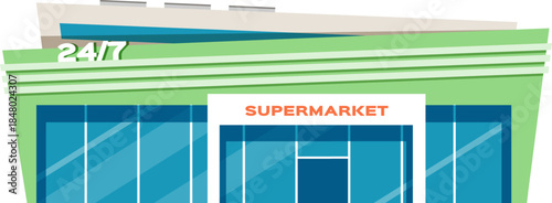 Supermarket facade with 247 service sign