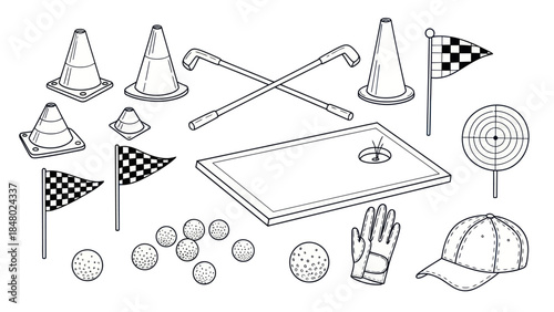 Miniature golf equipment illustration cones flags golf balls and clubs