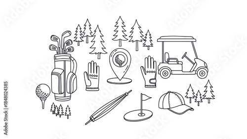 Golfing equipment illustration vector set of clubs cart and course elements