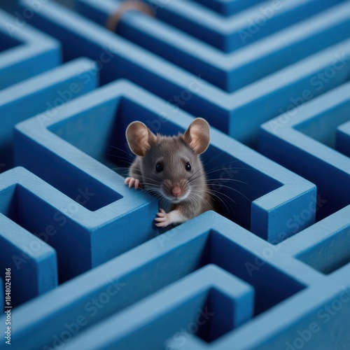 Small gray mouse peeking out from a blue maze with intricate pathways and walls