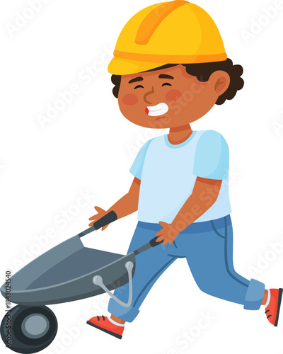 Boy playing construction worker pushing empty wheelbarrow