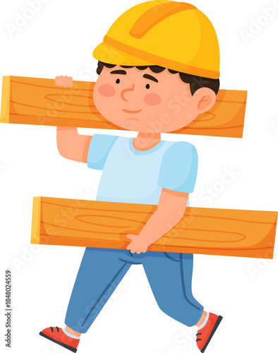 Little boy builder wearing hard hat carrying wood planks