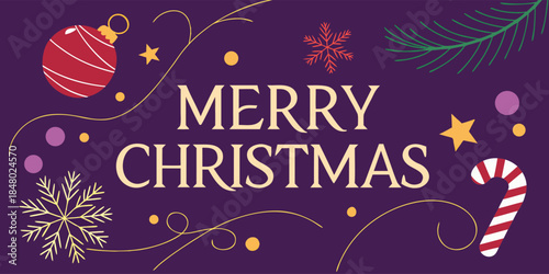 Shiny Christmas decorations and a festive greeting on a deep purple gradient background, rendered in 3D for a luxurious look.