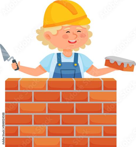 Happy kid wearing hard hat learning masonry
