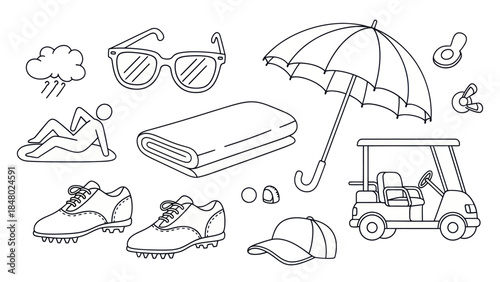 Golfing essentials vector illustration umbrella sunglasses and cart