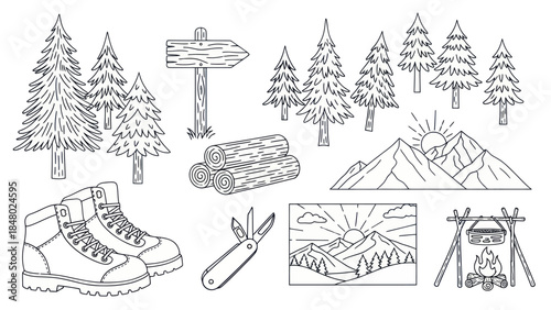 Outdoor adventure elements vector set trees mountains campfire and more