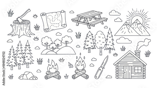 Outdoors adventure set axe map picnic table campfire cabin trees mountains