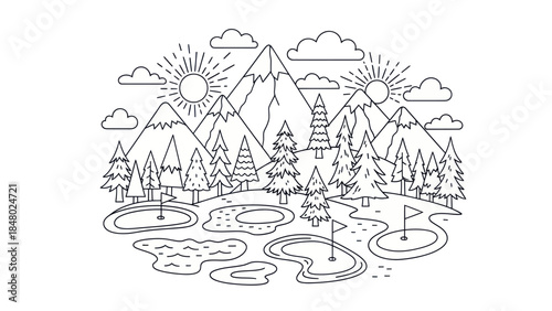 Line art golf course design with mountains sun clouds and trees