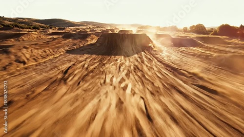 Aerial view of dirt motocross track with multiple jumps and berms under golden sunset light, outdoor off-road racing terrain perfect for extreme sports events