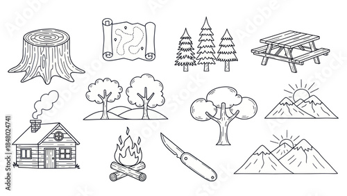 Outdoors adventure sketch illustrations tree stump map cabin and more