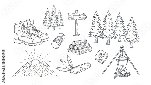 Outdoors camping adventure elements set boots trees fire and more