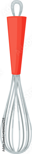 Red handle kitchen whisk preparing food ingredients