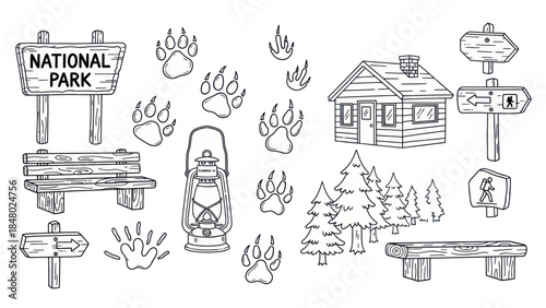 National park elements signage cabin trees and footprints in line art