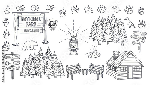 Outdoors vector elements park signs trees cabin and animal tracks illustration