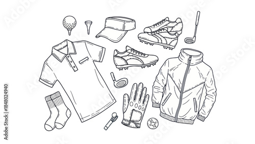 Outlined golf equipment and apparel set isolated on white background