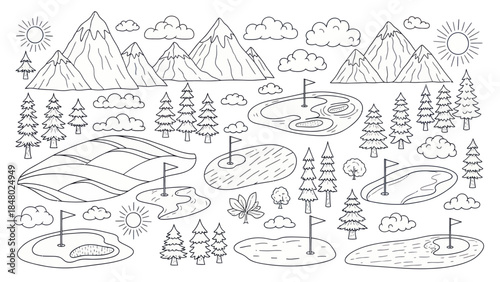 Outlined golf course elements with mountains clouds sun and trees vector illustration