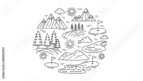 Line art illustration of a mountainous landscape with golf course elements