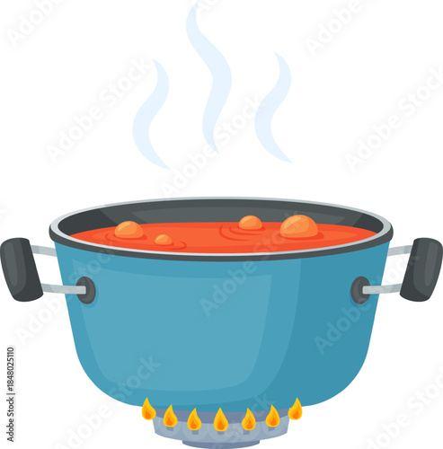 Cooking pot boiling red liquid on gas stove