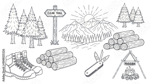 Outdoor adventure illustration trees mountains campfire and hiking boots
