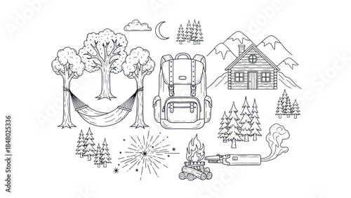 Outdoor adventure scene illustrated backpack trees cabin and nature elements