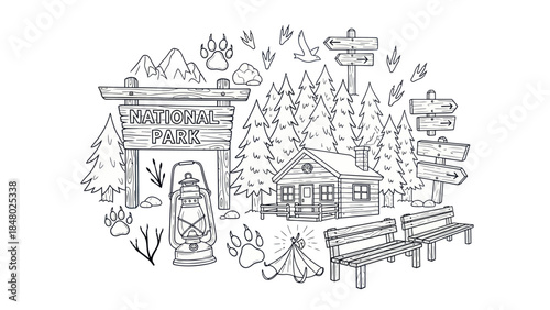 National park illustration cabin trees signs and outdoor elements
