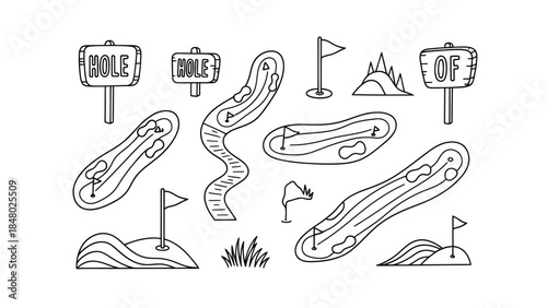 Outlined golf course elements collection flags greens signs vector illustrations