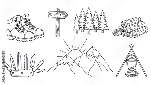 Outdoor adventure and camping themed vector illustrations in monochrome