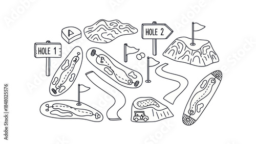 Outlined golf course elements hole signs fairways and flags vector illustration