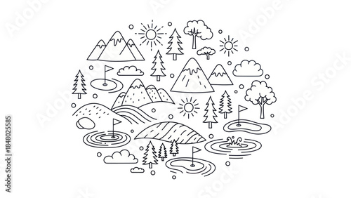 Outlined golf course elements in circular composition for design projects